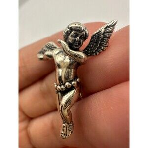 Vintage sterling silver cherub guardian Angel brooch pendant